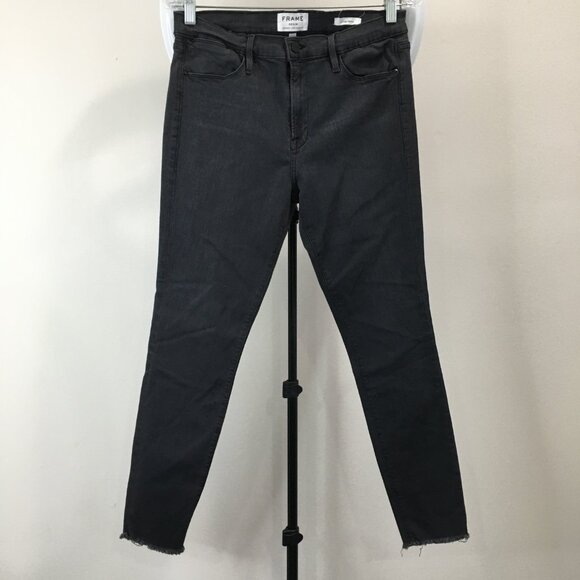 FRAME Denim 5Pocket Logo Hardware Quinn Le High Rise Waist Fray Hem Skinny Jeans - Picture 1 of 11